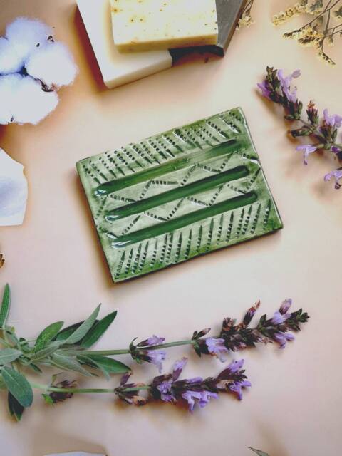 Green Handmade Ceramic Soap Dish - Textured Bar Holder With Drain Zero Waste Pottery - image 1