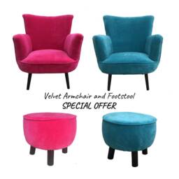 Velvet Armchair & Footstool Set Pink Accent Chair, Teal Furniture - thumbnail 3