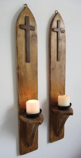 Pair Of 70 cm Gothic/Church Style Wall Sconce Candle Holders With Cross Crucifix Decoration & Black Metal Plates - image 1