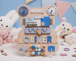 Personalize Montessori Bear Baby Busy Board Kids Wooden Name Puzzle Shower Gift Development Tolder Toys Educational 1st Birthday - thumbnail 1