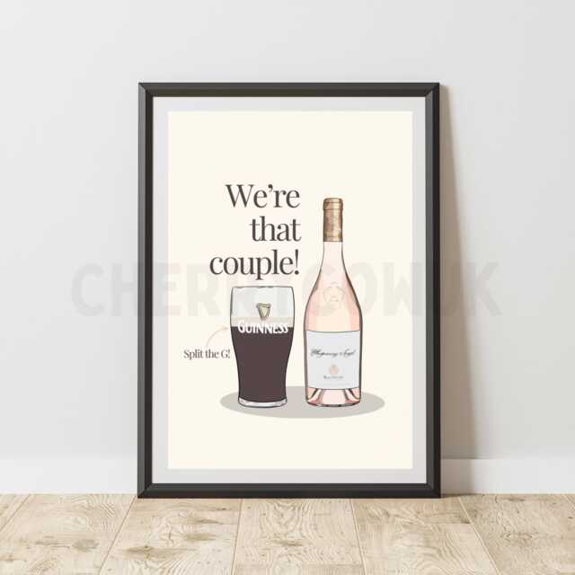 Guinness & Whispering Angel Ros?? Couple Print - Quirky Home Bar Art - image 1