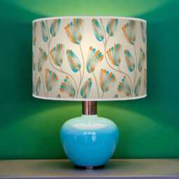 Bold Floral Teal Orange Beige Lampshade - Handmade Drum Pendant Botanical Ceiling Light For Modern Natural Interiors - thumbnail 3