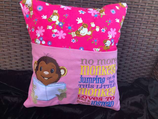 Reading Pillow, Monkey Cushion, Pink Reading Book Birthday Gift, Gift - image 1