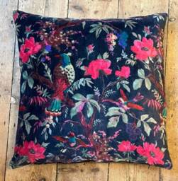 Black Tropical Floral Boho Style Cotton Velvet Cushion Cover 50x50cm - thumbnail 1