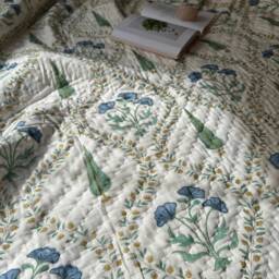 Hand Block Printed Cotton Quilt Reversible Floral Bedspread With Cyprus Print - thumbnail 2