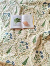 Hand Block Printed Cotton Quilt Reversible Floral Bedspread With Cyprus Print