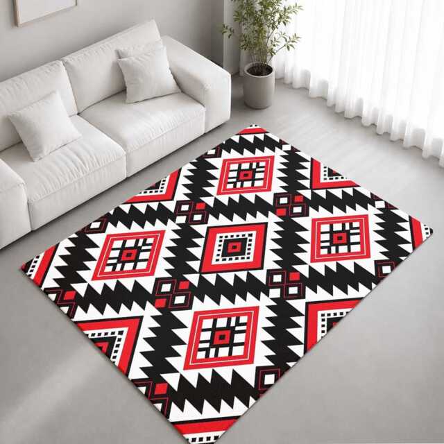 Red Black Bold Tribal Diamond Pattern Rug Non-Slip Soft Area Carpet Bedroom Living Room Hallway Mat Decor - Made in UK - image 1