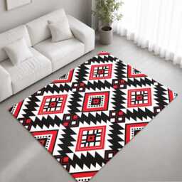 Red Black Bold Tribal Diamond Pattern Rug Non-Slip Soft Area Carpet Bedroom Living Room Hallway Mat Decor - Made in UK
