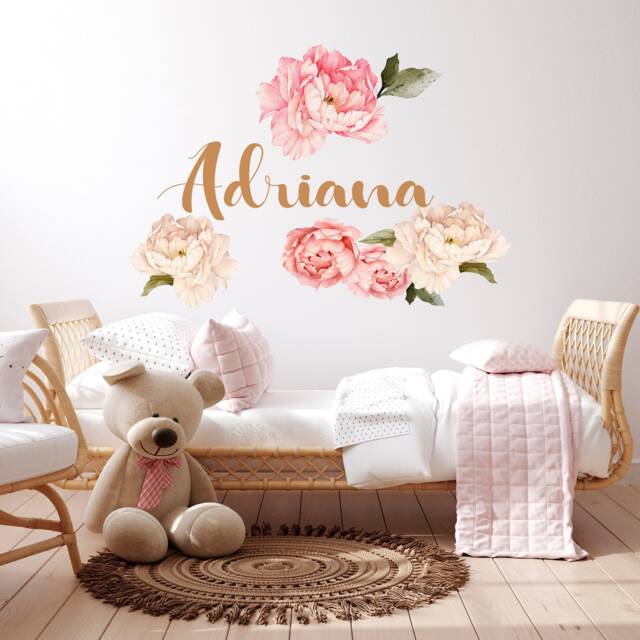 Custom Name Wall Decal Nursery, Peony Flower Baby Girl Bedroom, Pink White Watercolor Peonies Sticker Toddler Room - image 1