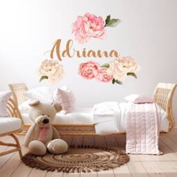 Custom Name Wall Decal Nursery, Peony Flower Baby Girl Bedroom, Pink White Watercolor Peonies Sticker Toddler Room - thumbnail 1