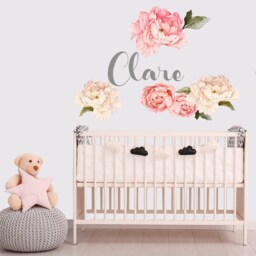 Custom Name Wall Decal Nursery, Peony Flower Baby Girl Bedroom, Pink White Watercolor Peonies Sticker Toddler Room - thumbnail 3