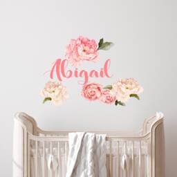Custom Name Wall Decal Nursery, Peony Flower Baby Girl Bedroom, Pink White Watercolor Peonies Sticker Toddler Room - thumbnail 2