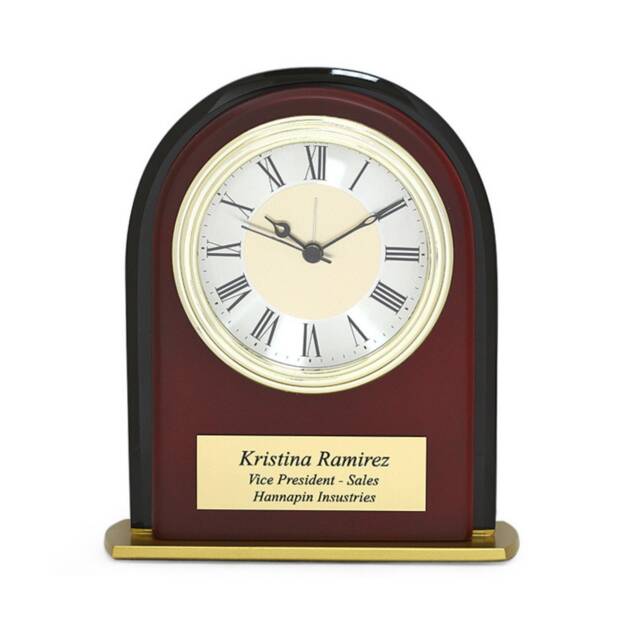 Arched Mahogany Finish & Black Glass Personalized Desk Clock - Customized Wood Tabletop - image 1