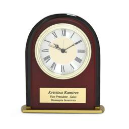 Arched Mahogany Finish & Black Glass Personalized Desk Clock - Customized Wood Tabletop - thumbnail 1