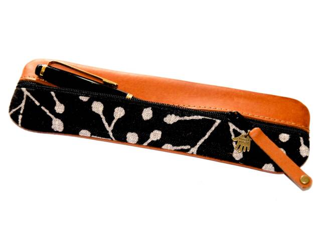 Black Blossom Pencil Case Japanese Leather & Fabric With Design - image 1