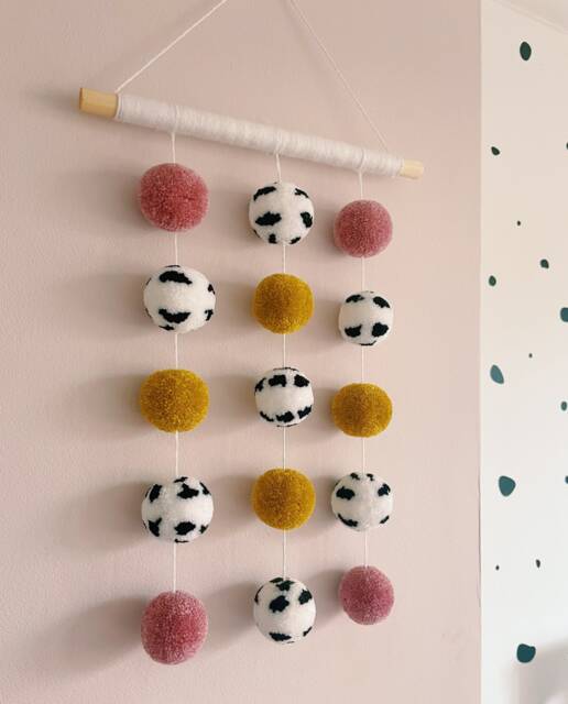 Dalmatian Print, Pale Rose Pink & Mustard Yellow Pom Wall Hanging - image 1