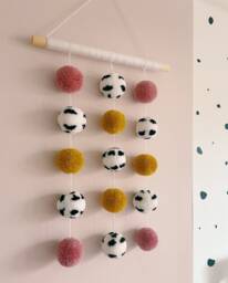 Dalmatian Print, Pale Rose Pink & Mustard Yellow Pom Wall Hanging - thumbnail 1