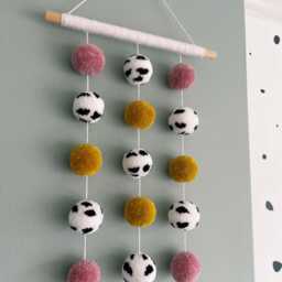 Dalmatian Print, Pale Rose Pink & Mustard Yellow Pom Wall Hanging - thumbnail 2