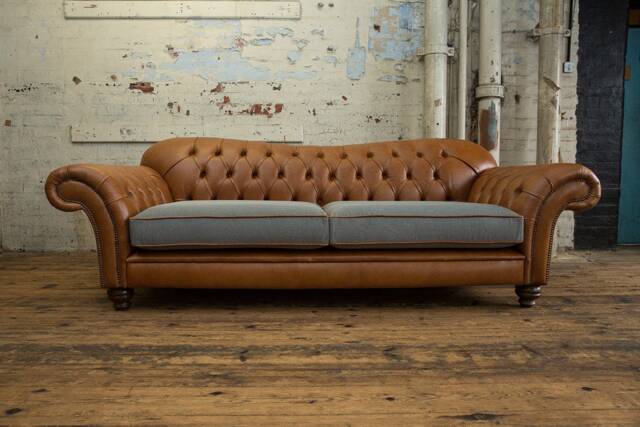 Handmade Vintage Tan Leather With Grey Linen 3 Seater Chesterfield Sofa - Reflex Cushion Seat - image 1