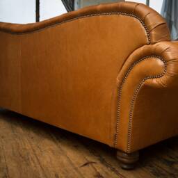 Handmade Vintage Tan Leather With Grey Linen 3 Seater Chesterfield Sofa - Reflex Cushion Seat - thumbnail 4