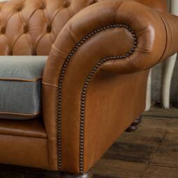 Handmade Vintage Tan Leather With Grey Linen 3 Seater Chesterfield Sofa - Reflex Cushion Seat - thumbnail 2