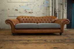 Handmade Vintage Tan Leather With Grey Linen 3 Seater Chesterfield Sofa - Reflex Cushion Seat