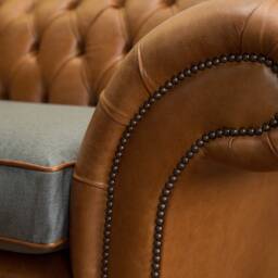 Handmade Vintage Tan Leather With Grey Linen 3 Seater Chesterfield Sofa - Reflex Cushion Seat - thumbnail 3