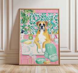 Boxer Dog Bath Art Print, Colorful Bathroom Poster, Whimsical Pet Illustration, Playful Wall Decor, Fun Animal Home Artwork - thumbnail 1