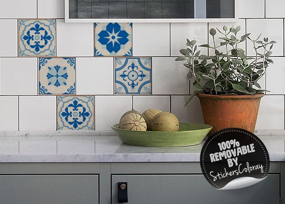 Floral Traditional Tile Decals, Pack Of 24, Blue Portuguese Stickers, Removable, Lisbon, Ethnic, Azulejos, Peel & Stick #16T - image 1