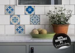 Floral Traditional Tile Decals, Pack Of 24, Blue Portuguese Stickers, Removable, Lisbon, Ethnic, Azulejos, Peel & Stick #16T - thumbnail 1