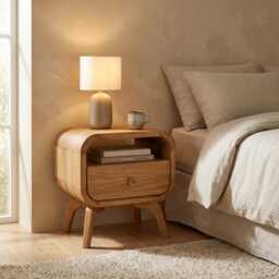 Solid Oak Bedside Table With Shelf, Mid-Century Modern Nightstand