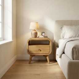 Solid Oak Bedside Table With Shelf, Mid-Century Modern Nightstand - thumbnail 2