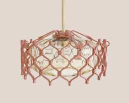 Large Vintage Pendant Lamp Ceiling Light Fixture Retro Glass Lampshade Metal Frame Brasssalmon Pink - thumbnail 1