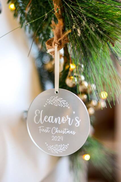 Personalised Baby's First Christmas Tree Ornament 2025 With Satin Ribbon - Engraved Frosted Acrylic - image 1
