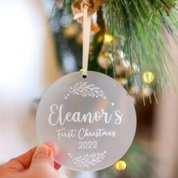 Personalised Baby's First Christmas Tree Ornament 2025 With Satin Ribbon - Engraved Frosted Acrylic - thumbnail 2