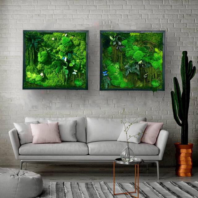 Preserved Moss Wall Art Set Of Two Evergreen Home Decor Frames - 50x50cm - image 1