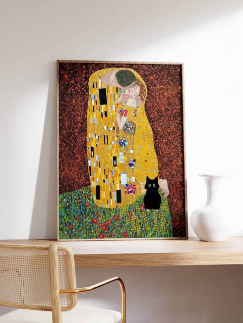 Gustav Klimt Cat Print, The Kiss By Klimt, Poster, Art, Lovers Gift, Animal Feline Wall Art Decor - image 1