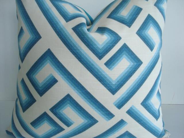Caribbean Blue Geometric-Kronos -Decorative Designer Pillow Cover - Blues -Turquoise-/Aqua/Blue /Off Whitee - image 1