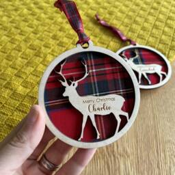 Personalised Christmas Tree Decoration, Tartan Bauble With Stag. Custom Made Bauble - thumbnail 1
