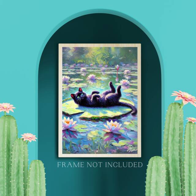 Black Cat in Water Lilies Poster, Funny Print, Lover, Gift Poster Wall Art, Botanical Art Print With An Cat, A5 A4 A3 - image 1