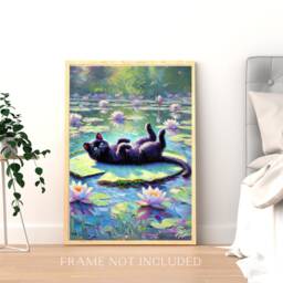 Black Cat in Water Lilies Poster, Funny Print, Lover, Gift Poster Wall Art, Botanical Art Print With An Cat, A5 A4 A3 - thumbnail 3