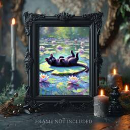 Black Cat in Water Lilies Poster, Funny Print, Lover, Gift Poster Wall Art, Botanical Art Print With An Cat, A5 A4 A3 - thumbnail 2