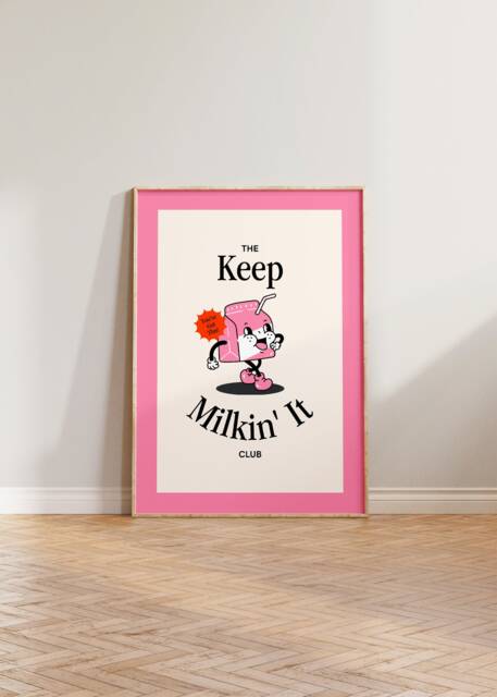 Retro Wall Art, Kitchen Print Poster, Funny Cartoon Print, Vintage Milking It Cafe Dining Room - image 1