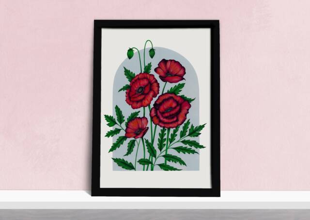 Poppy Field Art Print - Red Poppies Vintage Inspired Illustration Watercolour Botanical Wall - image 1
