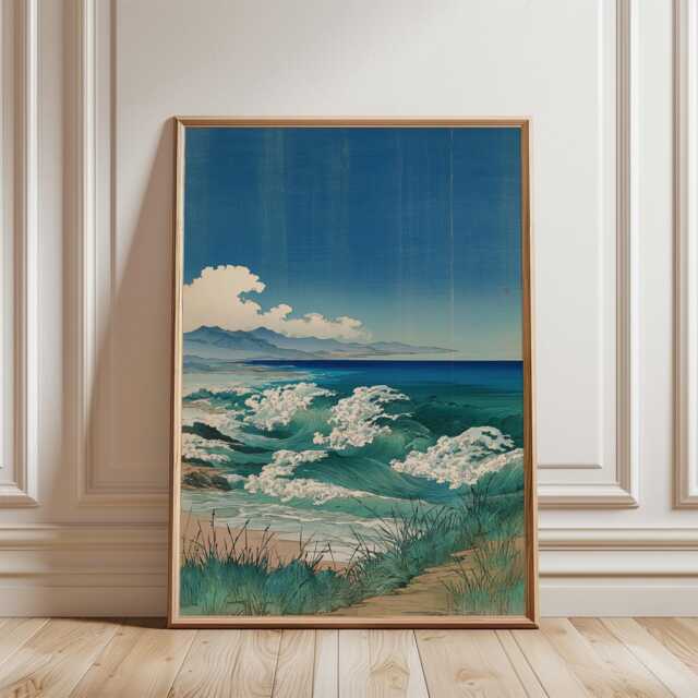 Blue Green Japanese Woodblock Poster - Coastal Ocean Waves Landscape Art - image 1