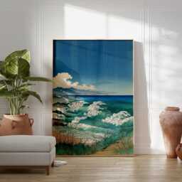 Blue Green Japanese Woodblock Poster - Coastal Ocean Waves Landscape Art - thumbnail 3