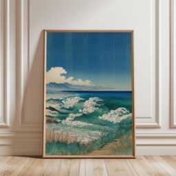 Blue Green Japanese Woodblock Poster - Coastal Ocean Waves Landscape Art - thumbnail 1