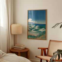 Blue Green Japanese Woodblock Poster - Coastal Ocean Waves Landscape Art - thumbnail 2