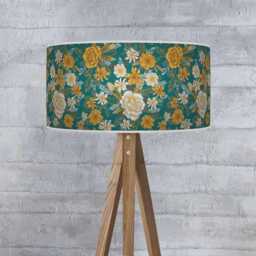Mustard & Teal Floral Drum Lampshade Handmade Botanical Ceiling Light - thumbnail 1