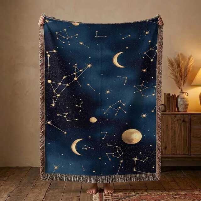 Celestial Woven Blanket, Moon & Stars Throw Constellation Astrology Decor, Night Sky Cosmic Gift - image 1